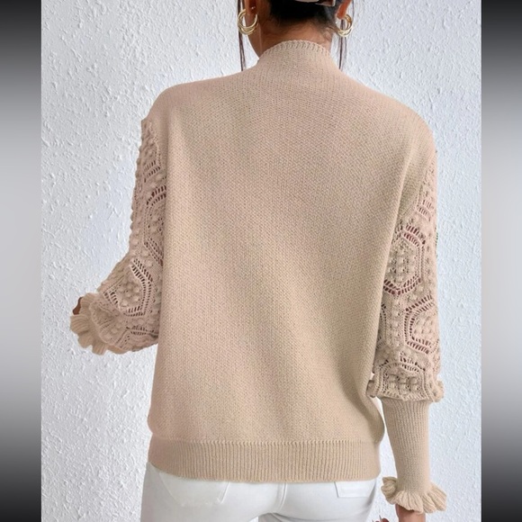 Cozy Cowl High Neck Eyelet Detail Flounce Sleeve Sweater - Picture 2 of 9